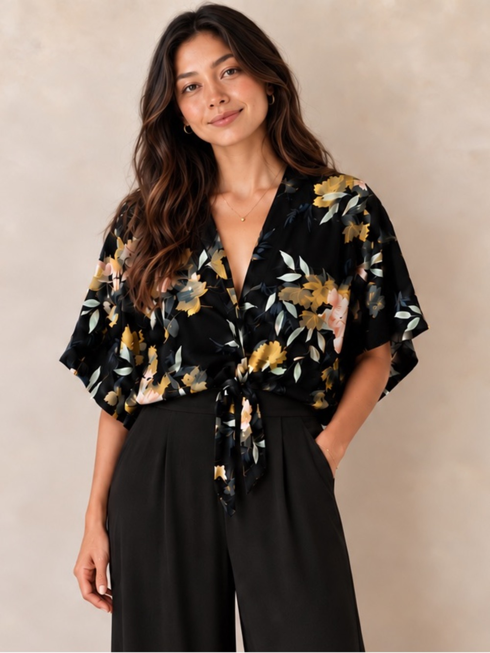 Aakaa Black Greens and Blush Pinks Floral Tie-Front Kimono style Silky Top